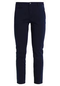 Mörkblå chinos tillverkade av bomullsblandat tyg, med slim fit, framfickor och klassisk knappstängning. Slät textur med minimal varumärkeslogotyp.