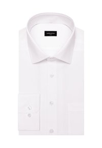 Biała koszula na długi rękaw wykonana z gładkiej tkaniny, z klasycznym kołnierzykiem, zapinana na guziki z przodu, oraz mankietami o zaokrąglonych krawędziach.