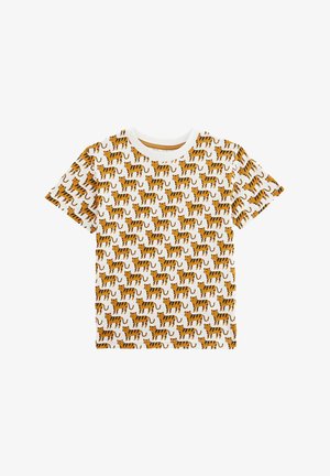 T-shirt en coton avec un fond blanc, présentant un imprimé intégral de tigres orange et noir dans diverses poses, col rond, manches courtes.
