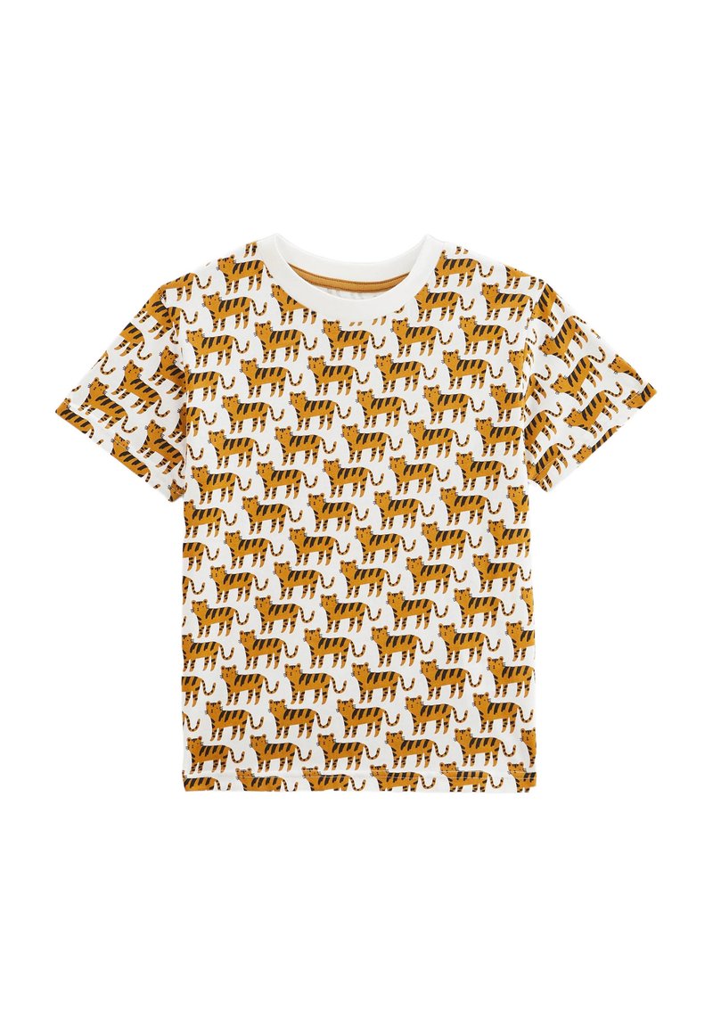 T-shirt en coton avec un fond blanc, présentant un imprimé intégral de tigres orange et noir dans diverses poses, col rond, manches courtes.