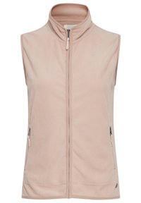 Ljusrosa fleeceväst med hög krage, fullständig dragkedja framtill och två sidofickor med dragkedja. Mjuk textur och ärmlös design.