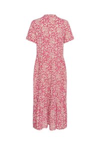 Roze jurk met korte mouwen, voorzien van een bloemenpatroon in crème, met een relaxte pasvorm, ronde halslijn en een uitlopende rok tot de knie.