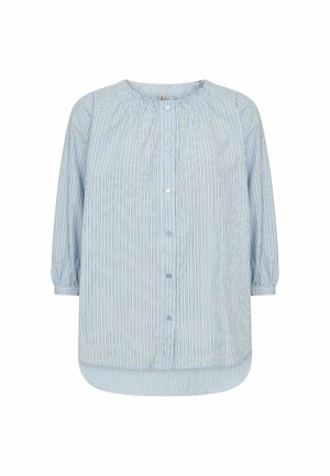 Világoskék, hosszú ujjú blúz függőleges csíkokkal, redőzött nyakkivágással, gombos elejű és gumis mandzsettákkal.