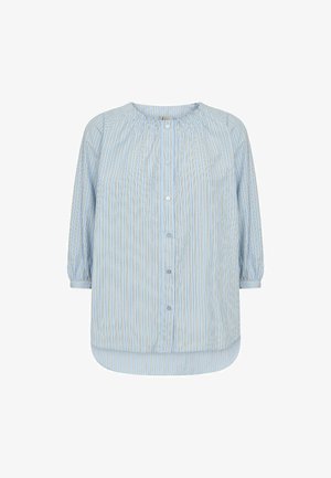 Lyseblå, langærmet bluse med lodrette striber, rynket halsudskæring, knaplukning foran og elastiske manchetter.