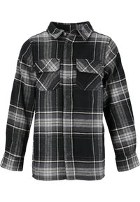Chemise en flanelle à carreaux noirs et gris avec des manches longues, deux poches poitrine, fermeture à boutons et un design de col classique. Texture douce.