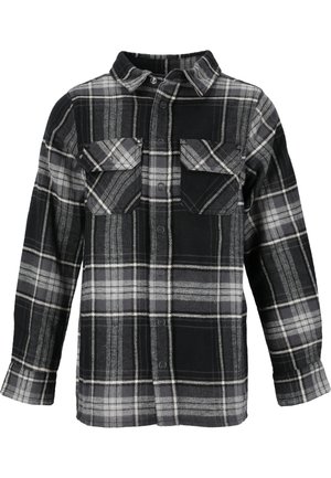 Sort og grå ternet flannel skjorte med lange ærmer, to brystlommer, knaplukning og klassisk kravedesign. Blød tekstur.