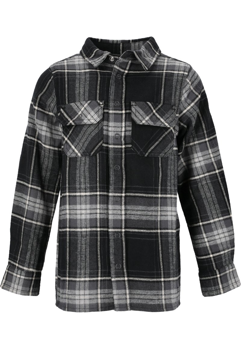 Chemise en flanelle à carreaux noirs et gris avec des manches longues, deux poches poitrine, fermeture à boutons et un design de col classique. Texture douce.