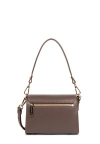 Borsa a tracolla in pelle marrone con tasca con zip dorata, tracolla rimovibile e manico singolo superiore.