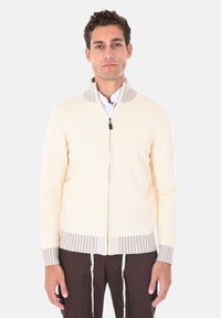 Maglione zip-up color crema con colletto e polsini a coste beige. Presenta un design slanciato e una vestibilità aderente. Indossato sopra una camicia bianca.