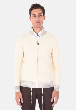Maglione zip-up color crema con colletto e polsini a coste beige. Presenta un design slanciato e una vestibilità aderente. Indossato sopra una camicia bianca.