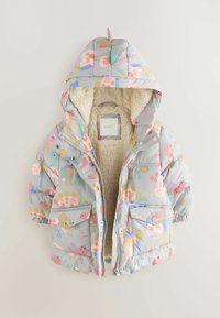 Padded children's jacket in light gray featuring a colorful animal pattern, fleece-lined interior, hood, and multiple pockets.