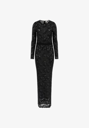 Schwarzes, bodenlanges Abendkleid aus Spitze mit langen Ärmeln, rundem Ausschnitt und figurbetonter Silhouette.