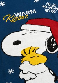 Maglione lavorato a maglia con uno sfondo blu, fiocchi di neve bianchi e un grafico di un cane e un uccello. Il testo recita "BACI Caldi" in giallo.