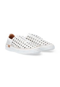 White leather sneakers with perforated design and black accents. Features a textured rubber sole and decorative stitching. Lace-up closure.