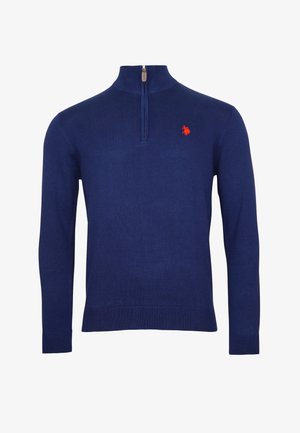 Marineblauer Pullover mit Halbreißverschluss-Kragen. Gerippte Bündchen und Saum. Mit einem kleinen roten Logo auf der Brust. Hergestellt aus einem glatten Strickmaterial.