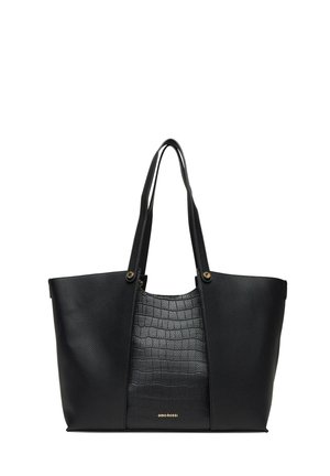 Schwarze Tragetasche mit genarbter Oberfläche, mittlerem Einsatz mit Krokoprägung, doppelten Schulterriemen und kleinem goldfarbenem "Gino Rossi"-Logo unten in der Mitte.