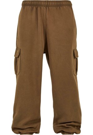 Pantaloni de trening maro, confecționați dintr-un material moale, cu o croială lejeră, având talie elastică, manșete conice și buzunare laterale tip cargo.