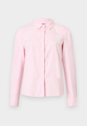 Light pink long-sleeve shirt with a button-down collar, front button placket, and smooth fabric texture. Classic design with a fitted shape.