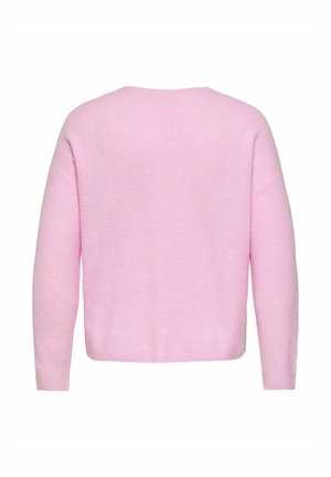 Lyserosa strikkegenser med ribbet tekstur, lange ermer og rund hals. Har en avslappet passform og rett nedrekant.