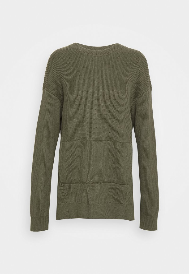 Olive green knitted sweater with a ribbed texture, crew neck, long sleeves, and a relaxed fit. Features side slits at the hem.