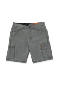 Graue Cargo-Shorts aus strapazierfähigem Material. Verfügt über mehrere Taschen, kontrastierende Nahtstickerei und ein Logo-Accent an der Seite.
