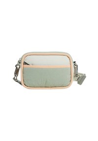 Borsa rettangolare in tessuto verde chiaro con rifiniture rosa, dotata di una tasca anteriore con zip e una tracolla rimovibile. Dettagli texture sul davanti.