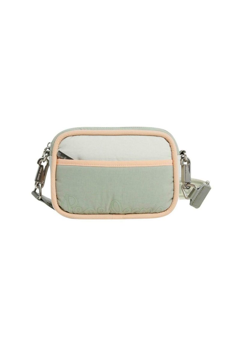 Borsa rettangolare in tessuto verde chiaro con rifiniture rosa, dotata di una tasca anteriore con zip e una tracolla rimovibile. Dettagli texture sul davanti.