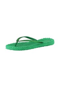 Green flip-flop with textured sole and thin glittery straps, designed for casual wear and comfort.