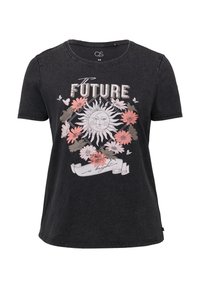 Zwarte t-shirt met korte mouwen met een centrale zonafbeelding omgeven door bloemen, met de tekst "De TOEKOMST is helder" in een decoratieve lettertype.