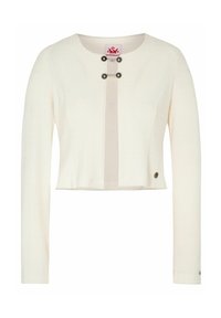 Cremfarbener, verkürzter Cardigan mit langen Ärmeln, der aus strukturiertem Material besteht, ein transparentes Paneel aufweist und dekorative Knopfverschlüsse auf der Vorderseite hat.