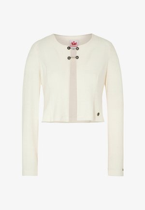 Cream-colored cropped cardigan with long sleeves, featuring textured fabric, a transparent panel, and decorative button closures at the front.