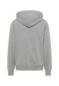 Grå hættetrøje med snoretræk i hætten, ribbede manchetter og kant, samt en ensfarvet tekstur. Bagfra ses et enkelt, ubeskåret design.