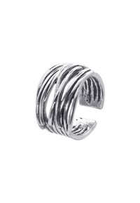 Silberfarbener Metallring mit ineinander verschlungenen Bändern, strukturiertem Finish, offenes Design und leicht polierter Oberfläche.
