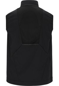 Svart ärmlös väst med hög krage, som har en andningsbar mesh bakpanel, slät tygkänsla och skräddarsydda sömmar. Ingen fickor.