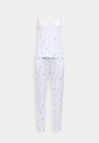 Σετ πυτζάμας για γυναίκες, λευκό με ανοιχτό μπλε λουλουδάτο σχέδιο, δαντέλα στο ντεκολτέ και λεπτές τιράντες στο πάνω μέρος.