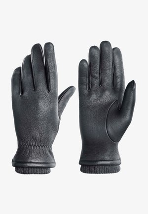 Schwarze Lederhandschuhe mit glatter Textur, elastischen Handgelenkabschlüssen und einer passgenauen Form, mit einer Naht über dem Handrücken.