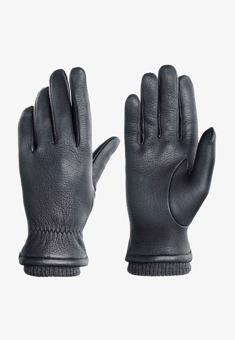 Juodi odiniai pirštinės su lygiu paviršiumi, elastingais riešo rankogaliais ir prigludusia forma, su siūle per plaštakos nugarą.