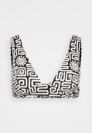 Haut de bikini à motifs noir et blanc avec un décolleté en V profond, des bretelles larges et une finition texturée avec des designs en spirale et géométriques.