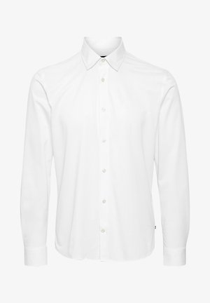Biela košeľa s dlhým rukávom vyrobená z hladkej látky, s gombíkovou prednou časťou, špicatým golierom a gombíkovými manžetami. Minimalistický dizajn.