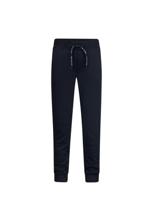 Pantaloni della tuta blu navy con elastico in vita e cordoncino. Polsini alle caviglie e tessuto morbido e testurizzato. Design minimalista senza motivi.