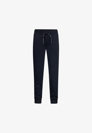 Marineblauwe joggingsbroek met elastische tailleband en trekkoord. Boorden bij de enkels en zachte, gestructureerde stof. Minimalistisch ontwerp zonder patronen.