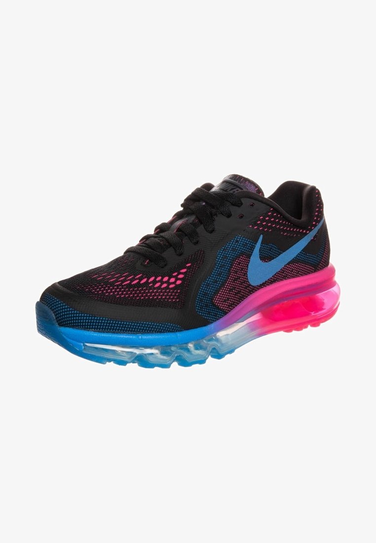 Chaussure de sport noire avec des accents en mesh rose et bleu, un swoosh Nike bleu, des lacets noirs et une semelle translucide bleue et rose.
