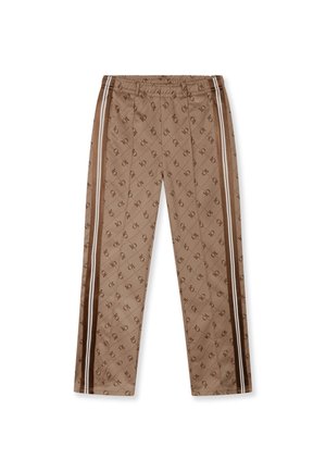 Brown patterned trousers feature an elastic waistband, side stripes in cream and dark brown, with a smooth, glossy texture throughout.