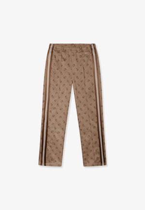 Braune gemusterte Hosen mit elastischem Bund, seitlichen Streifen in Creme und Dunkelbraun und einer glatten, glänzenden Textur insgesamt.