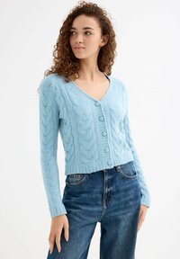 Cárdigan de punto azul claro con escote en V, patrón de trenzado texturizado, dobladillo ajustado y seis botones en la parte delantera. Combinado con jeans de mezclilla azules.