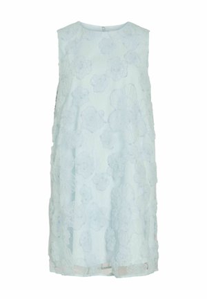 Robe sans manches bleu clair avec un col rond, ornée de motifs floraux en relief sur l'ensemble du tissu.