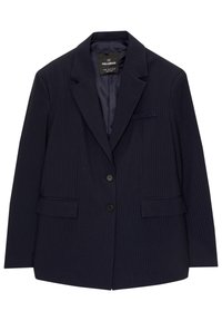 Blazer bleu marine à fines rayures avec deux poches avant, col à revers cranté et fermeture à deux boutons. Doublure intérieure lisse, design polyvalent.