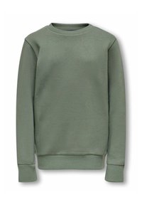 Felpa verde con colletto rotondo a coste, maniche lunghe e polsini a coste. Realizzata in tessuto testurizzato con una vestibilità regolare. Nessun motivo visibile.