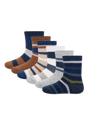 Six pairs of children's socks in various blue, brown, white, and gray striped patterns, arranged side by side on a white background.