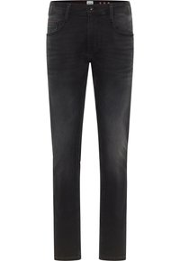 Czarne dżinsy z denimu o dopasowanym kroju. Posiadają pięć kieszeni, zapięcie na guziki oraz subtelne przetarcia. Gładka faktura z klasycznymi akcentami szwów.